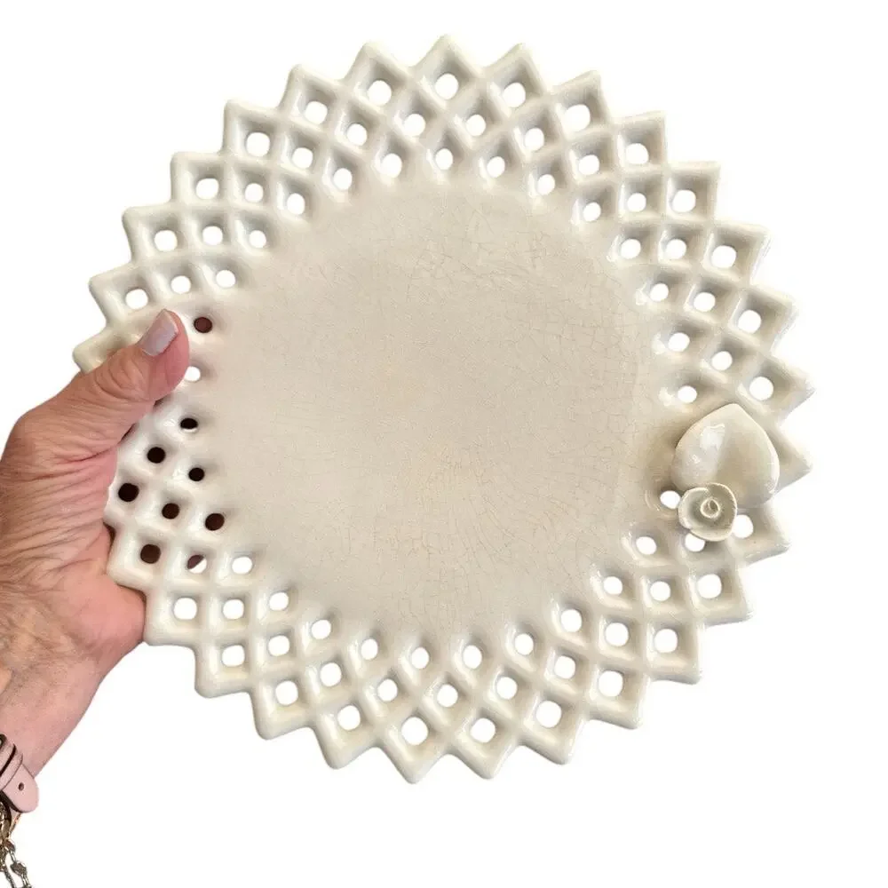 Vintage Rare Paper Windows Cream Perforated Rosebud Decorative Plate
